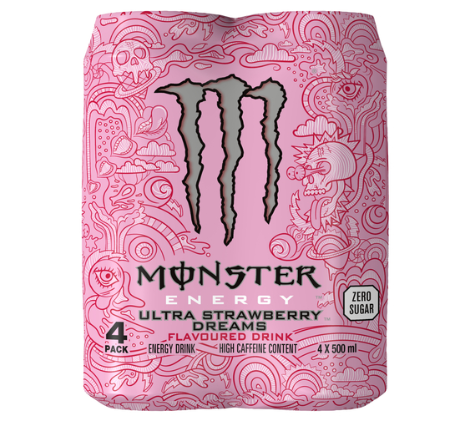 Monster Ultra Strawberry Dreams Zero Sugar Energy Drink 500ml – 4 Pack